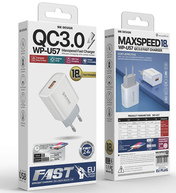 Cargador carga rapida WP-U57 QC3.0 5V-2A/9V-2A/12V-1.5A con cable  plug USB tipo A a plug USB tipo C